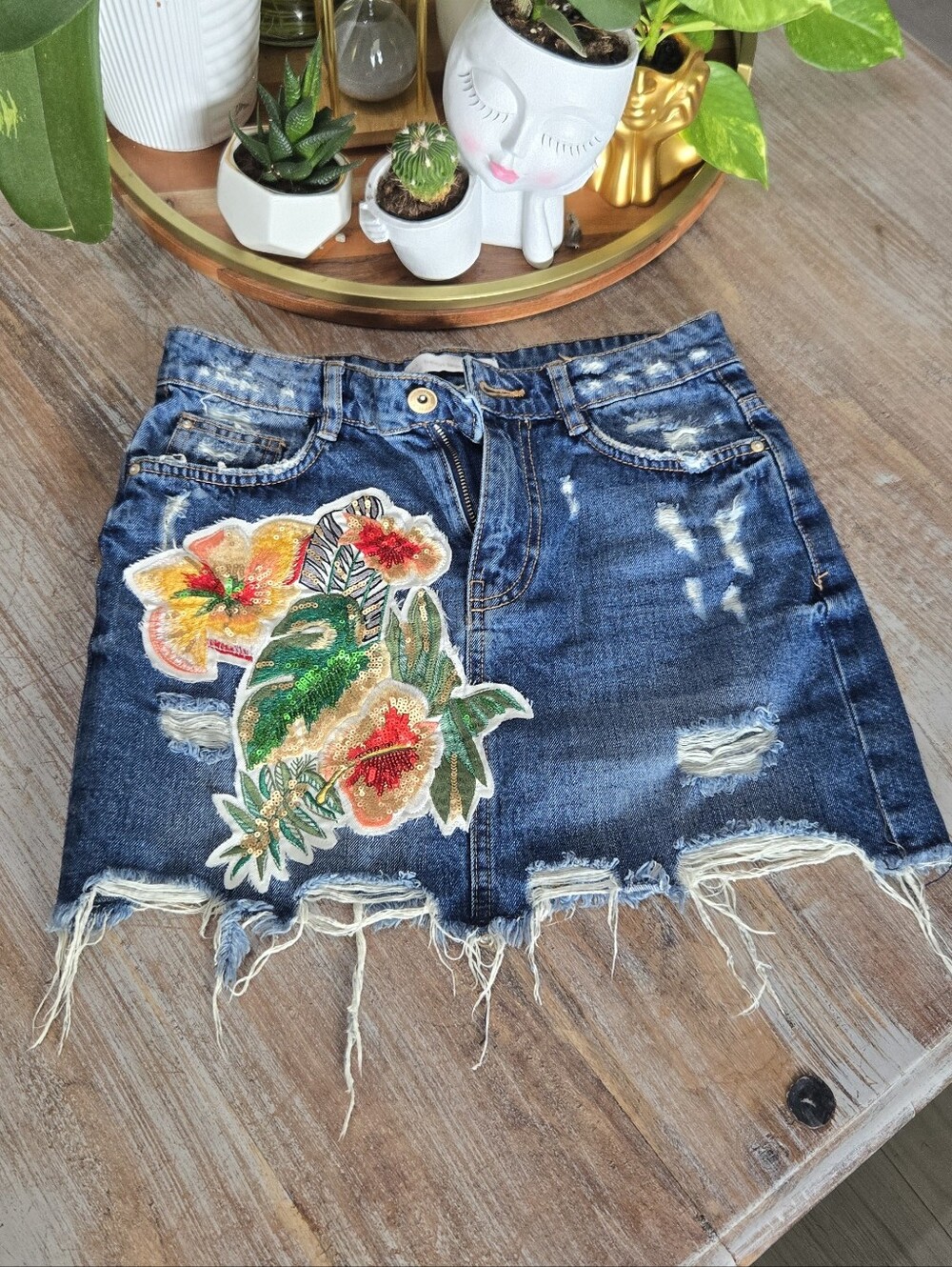 Zara Dark Blue Distressed Denim Mini Skirt with Tropical Floral Patch